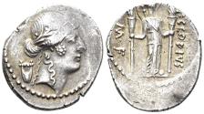 Ancient Coins - Clodius M.f. Turrinus. 42 BC. AR Denarius (4.01g, 19mm). Rome mint. Crawford 494/23