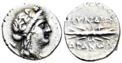 Ancient Coins - Karia, Myndos. Circa 2nd-1st centuries BC. AR Hemidrachm (2.30g, 15mm). Drakon, magistrate. SNG von Aulock 2637