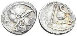 Ancient Coins - T. Carisius. 46 BC. AR Denarius (3.90g, 19mm). Rome mint. Crawford 464/3c