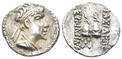 Ancient Coins - Greco-Baktrian Kingdom. Eukratides I Megas. Circa 170-145 BC. AR Obol (0.68g, 12mm). SNG ANS 454-7