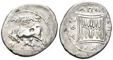 Ancient Coins - Illyria, Apollonia. Circa 200-80 BC. AR Drachm (3.13g, 20mm). Agias and Kados, magistrates. BMC 15