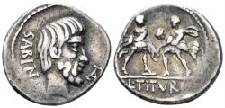 Ancient Coins - Titurius L.f. Sabinus. 89 BC. AR Denarius (4.00g, 18mm). Rome mint. Crawford 344/1b