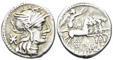 Ancient Coins - Maenius Antiacus M.f, 132 BC. AR Denarius (3.85g, 18mm). Rome mint. Crawford 249/1