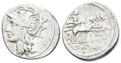 Ancient Coins - Lucius Appuleius Saturninus. 104 BC. AR Denarius (3.74g, 20.5mm). Rome mint. Crawford 317/3b