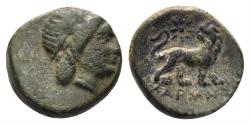 Ancient Coins - Ionia, Miletos. Circa 313-290 BC. AE 10mm (1.32 gm). Charmes, magistrate. Deppert-Lippitz 410