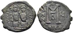 Ancient Coins - Justin II and Sophia. 565-578. AE Follis (13.35g, 32mm). Nicomedia mint. Dated RY 6 (569-70). SB 369