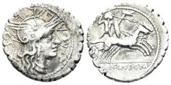 Ancient Coins - L. Pomponius Cn. f., L. Licinius and Cn. Domitius 118 BC. AR Serrate Denarius (3.85 gm, 20mm). Narbo mint. Sydenham 522