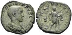 Ancient Coins - Philip II, as Caesar. 244-247 AD. AE Sestertius (19.18g, 30.5mm). Rome mint. Struck 244-6 AD. RIC 255a