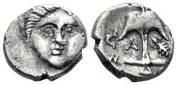 Ancient Coins - Thrace, Apollonia Pontika. Circa 450-400 BC. AR Diobol (1.26g, 10mm). SNG BM Black Sea 203-167; SNG Stancomb 47