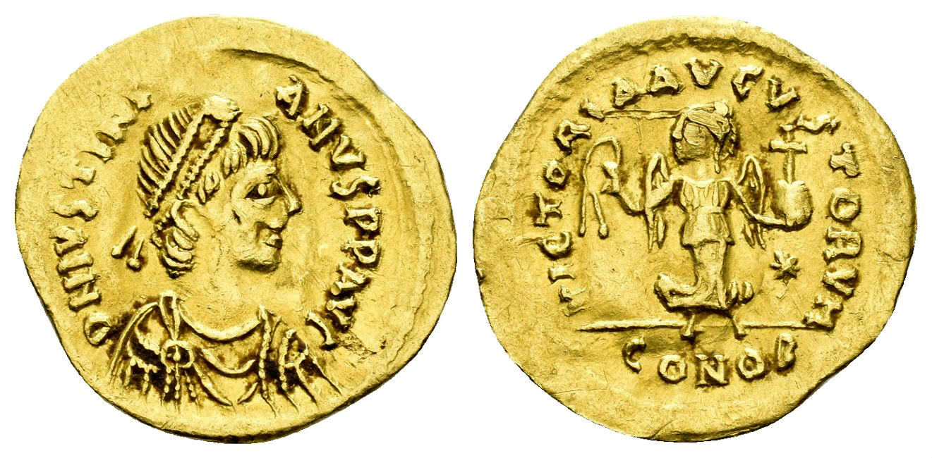 Justinian I. 527-565. AV Tremissis (1.47 gm, 17mm). Constantinople mint.  Struck 527-565. SB 145