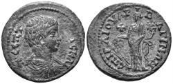Ancient Coins - Lydia, Bageis. Geta, as Caesar, 198-209 AD. AE 24mm (5.99g). Gaius, archon. SNG Copenhagen 52