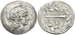 Ancient Coins - Ionia, Herakleia ad Latmon. Circa 140-135 BC. AR Tetradrachm (15.41g, 33mm). Stephanophoric type. SNG von Aulock 1978