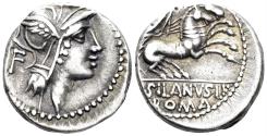 Ancient Coins - Silanus L.f, 91 BC. AR Denarius (3.88g, 17mm). Rome mint. Crawford 337/3