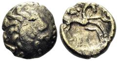 Ancient Coins - Celtic Central Gaul. Aedui (Bibracte). Circa 70-50 BC. Electrum Quarter Stater (1.40g, 11mm). Type Chenôves. LT 4845