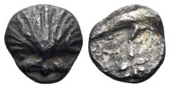 Ancient Coins - Calabria, Tarentum. Circa 280-228 BC. AR Hemilitron (0.27g, 6mm). Vlasto 1582