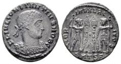 Ancient Coins - Constantius II, as Caesar. 324-337 AD. AE Follis (2.59 gm, 17mm). Thessalonica mint. Struck 330-333 AD. RIC 185
