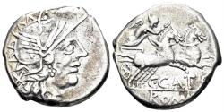 Ancient Coins - C. Porcius Cato. 123 BC. AR Denarius (3.32g, 17mm). Rome mint. Crawford 274/1