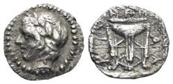 Ancient Coins - Macedon. Chalkidian League. Circa 400 BC. AR Hemiobol (0.31g, 7mm). Olynthos mint. SNG ANS 544-546