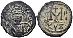 Ancient Coins - Maurice Tiberius, 582-602. AE Follis (11.76g, 30mm). Cyzicus mint. RY 3 (584/5). SB 518