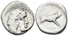 Ancient Coins - Volteius M.f. 75 BC. AR Denarius (3.66g, 18mm). Rome mint. Crawford 385/2