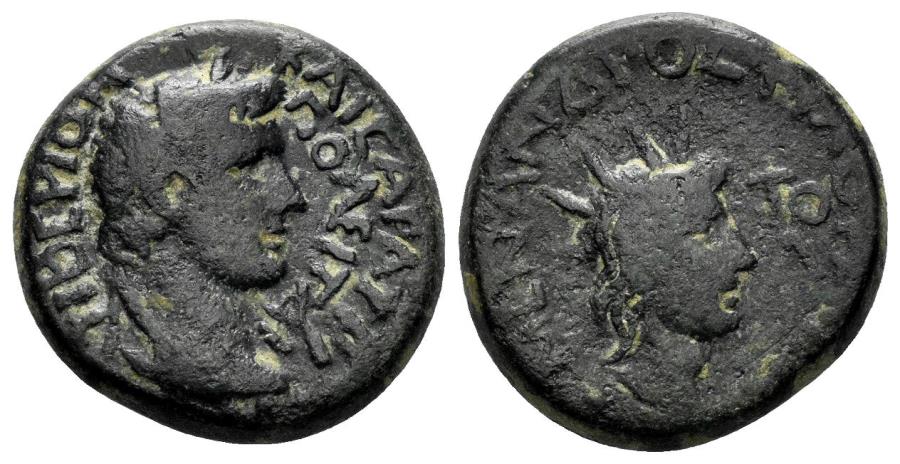 Ancient Coins - Lydia, Tripolis. Tiberius. 14-37 AD. AE 19mm (5.77 gm). Menandros Metrodoros, magistrate. RPC I 3056