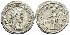 Ancient Coins - Philip I Arabs. 244-249 AD. AR Antoninianus (4.74g, 23mm). Rome mint. Struck 249 AD. RIC 27b