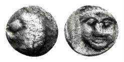 Ancient Coins - Karia, uncertain mint. Hekatomnos, 395/91-377 BC. AR (Persic) Tetartemorion (0.23 gm, 5.5mm). SNG Helsinki I, 856