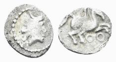 Ancient Coins - Spain, Emporion. 200-110 BC. AR Hemitrietartemorion (0.14g, 7mm). ACIP 526