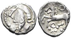 Ancient Coins - Celtic Central Gaul. Aedui. Circa 80-50 BC. AR Quinarius (1.98g, 16mm). DT 3186