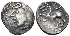 Ancient Coins - Celtic Central Gaul. Aedui. Circa 80-50 BC. AR Quinarius (1.94g, 14mm). "Kaletedou"-Type.  LT 8178