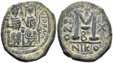 Ancient Coins - Justin II, with Sophia. 565–578. AE Follis (13.66g, 30mm). Nicomedia mint. Dated RY 10 (574/5). SB 369