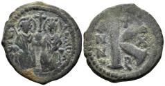 Ancient Coins - Justin II and Sophia, 565-578. AE Half Follis (5.66g, 23mm). Theoupolis (Antioch). Dated RY 10 (574/5). SB 381