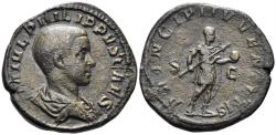 Ancient Coins - Philip II, as Caesar. 244-247 AD. AE Sestertius (19.33g, 31mm). Rome mint. Struck 244-6 AD. RIC 258