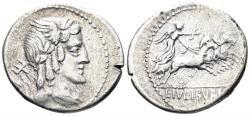 Ancient Coins - L. Julius Bursio. 85 BC. AR Denarius (3.71g, 20mm). Rome mint. Crawford 352/1a