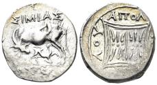 Ancient Coins - Illyria, Apollonia. Circa 80/70-48 BC. AR Drachm (3.42g, 17mm). Simias and Autoboulos, magistrates. Maier 33