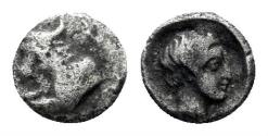 Ancient Coins - Karia, uncertain mint. Circa 410-380 BC. AR Tetartemorion (0.19 gm, 4.5mm). Not in the standard references