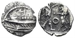 Ancient Coins - Phoenicia, Sidon. Baalshillem (Sakton) II. Circa 401-365 BC. AR Sixteenth Shekel (0.41g, 10mm). E&E-S 851-1191