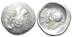 Ancient Coins - Celtic. Eastern Europe. Carpathian region. 2nd Century BC. AR "Tetradrachm" (8.36g, 23mm). ‘Sattelkopfpferd’ type. Göbl, OTA 300