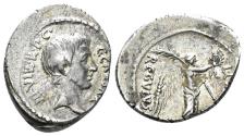 Ancient Coins - Octavian. 44-27 BC. AR Denarius (3.83 gm, 21mm). Rome mint. L. Livineius Regulus, moneyer. Struck 42 BC. Crawford 494/25