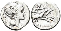 Ancient Coins - L. Flaminius Chilo. 109-108 BC. AR Denarius (3.82g, 18mm). Rome mint. Crawford 302/1