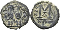 Ancient Coins - Justin II and Sophia. 565-578. AE Follis (13.18g, 30mm). Nicomedia mint. Dated RY 6 (570/1). SB 369