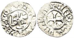 World Coins - France. Carolingian. Maine. Hugues II. Circa 939-991. AR Denier (1.35g, 19mm). Immobilized type of Charles le Simple. Fécamp 8310