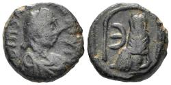 Ancient Coins - Justin I. 518-527. AE 10 Nummi / Pentanummium (2.35g, 12mm). Theoupolis mint. SB 111
