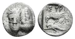 Ancient Coins - Moesia, Istros. 4th century BC. AR Obol (0.50 gm, 8mm). Cf. SNG Stancomb 136-137