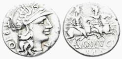 Ancient Coins - Cn. Lucretius Trio. 136 BC. AR Denarius (3.75g, 18mm). Rome mint. Crawford 237/1a