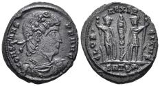 Ancient Coins - Constans. 337-350 AD. AE Follis (2.11g, 16mm). Thessalonica mint. Struck 337-40 AD. RIC 57