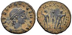 Ancient Coins - Delmatius, Caesar. 335-337 AD. AE Follis (1.40g, 16mm). Alexandria mint. Struck 335-7 AD. RIC 69