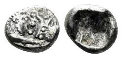 Ancient Coins - Lydian Kingdom. Kroisos. Circa 560-546 BC. AR Twenty-fourth Stater (0.39 gm, 6mm). Sardeis mint. SNG Ashmolean 776-7