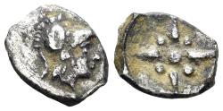Ancient Coins - Asia Minor, Uncertain. 5th Century BC. AR Tetartemorion (0.32g, 8.5mm). cf. Hauck & Aufhäuser 15, 96 (hemiobol)