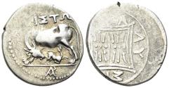 Ancient Coins - Illyria, Apollonia. 229-100 BC. AR Drachm (3.46g, 18mm). Ariston and Lysinos, magistrates. BMC 24